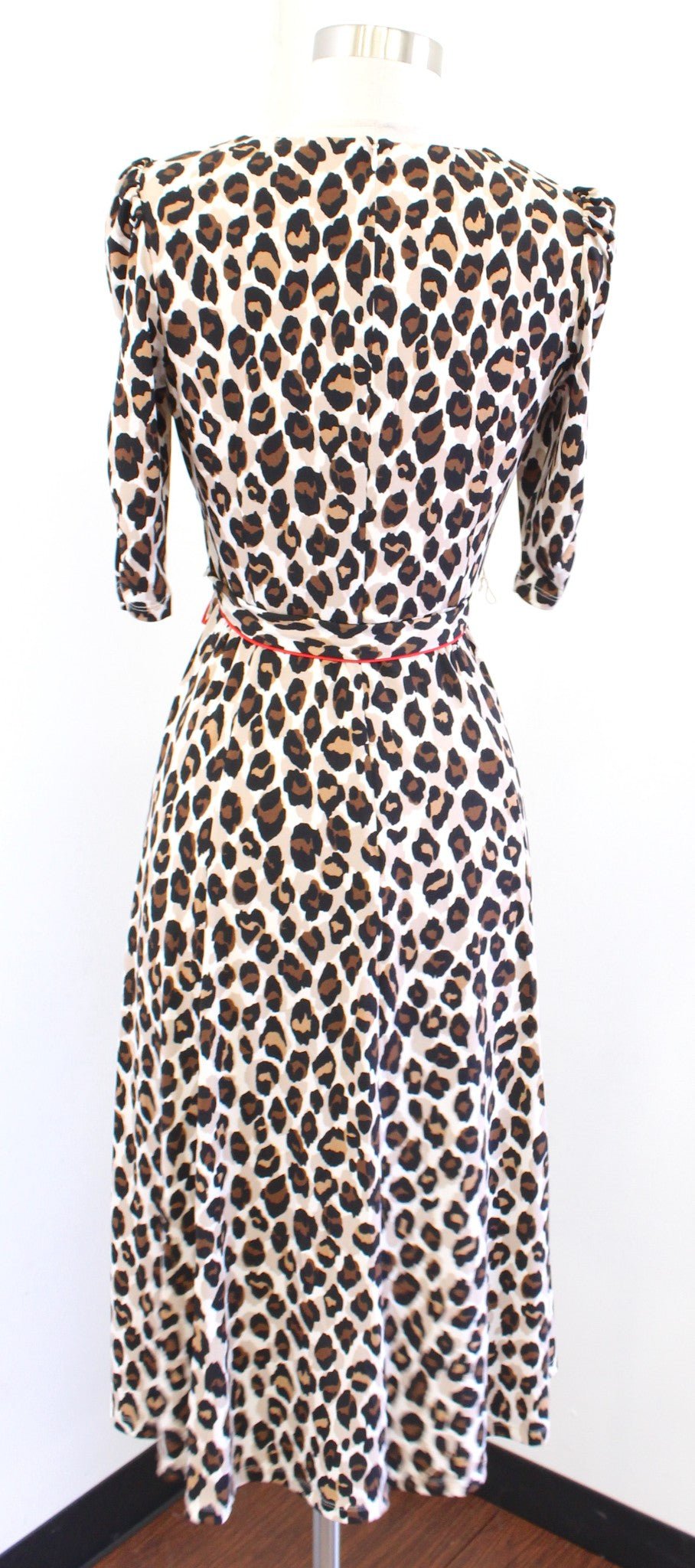 Eliza J Leopard Print Red Piped Belt Tie Waist Ruched Sleeve Midi Dress Size 4