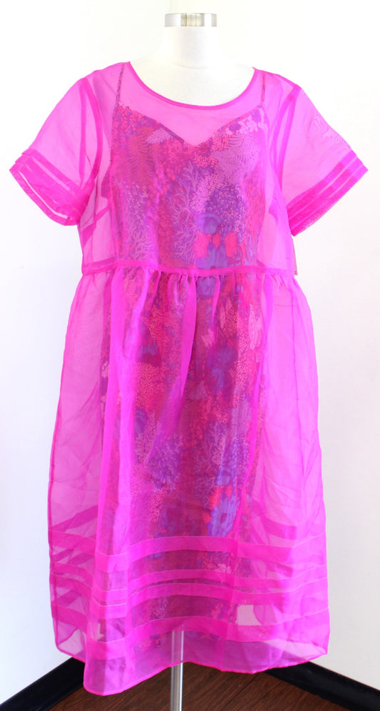 NWT $200 Anthropologie Plus Gabrielle Silk Organza Midi Dress Size 16 Hot Pink