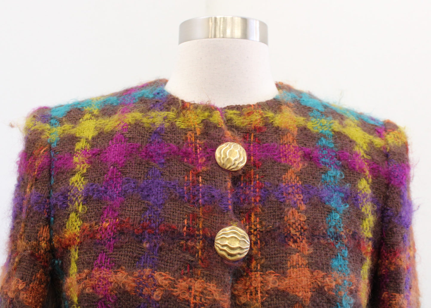 Vtg 90s Brown Colorful Plaid Chunky Button Blazer Jacket Sz 4 Curly Tweed Retro