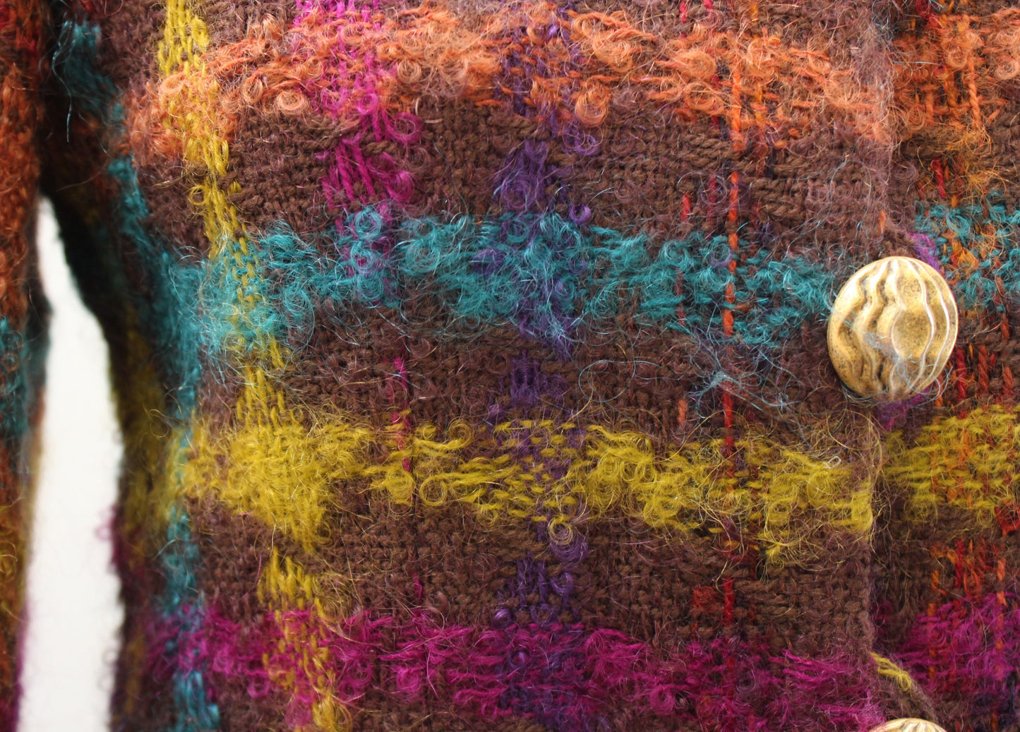 Vtg 90s Brown Colorful Plaid Chunky Button Blazer Jacket Sz 4 Curly Tweed Retro