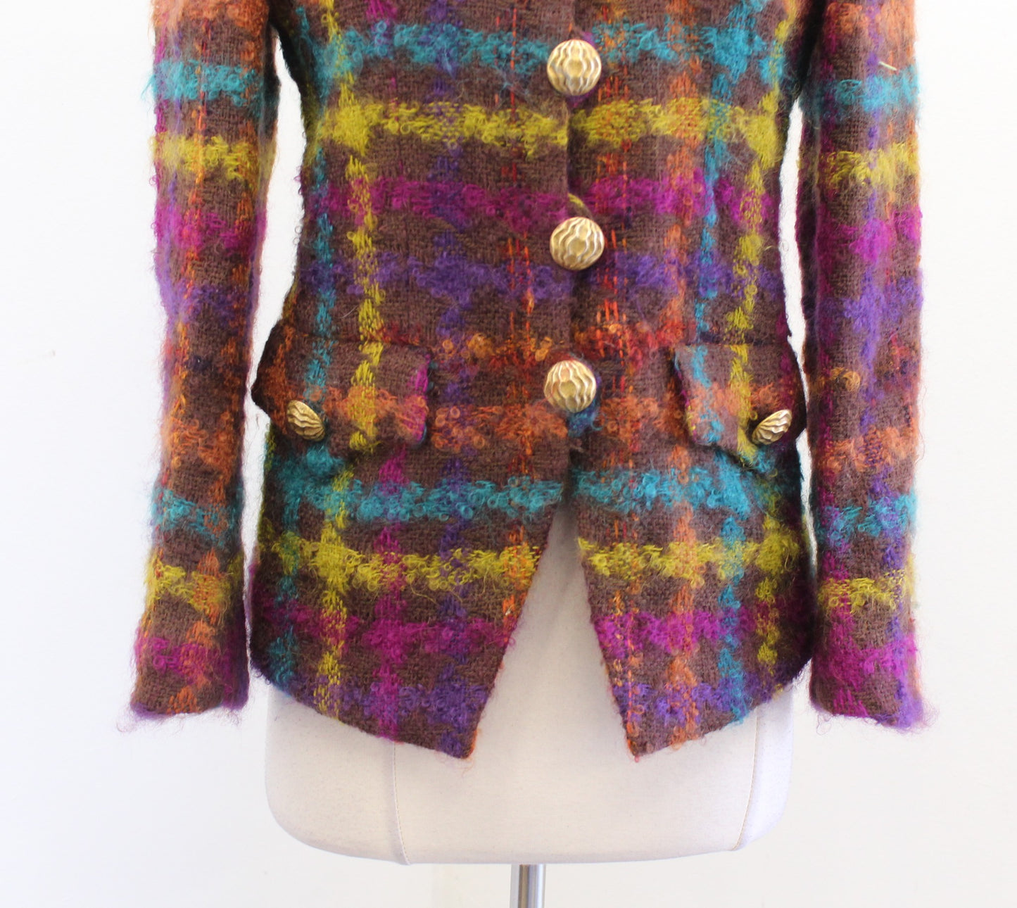 Vtg 90s Brown Colorful Plaid Chunky Button Blazer Jacket Sz 4 Curly Tweed Retro