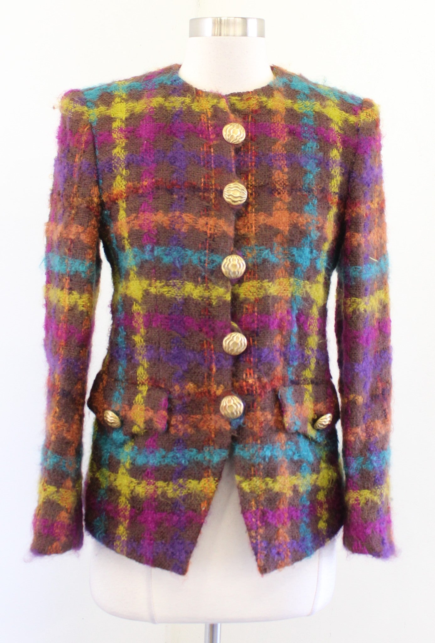 Vtg 90s Brown Colorful Plaid Chunky Button Blazer Jacket Sz 4 Curly Tweed Retro