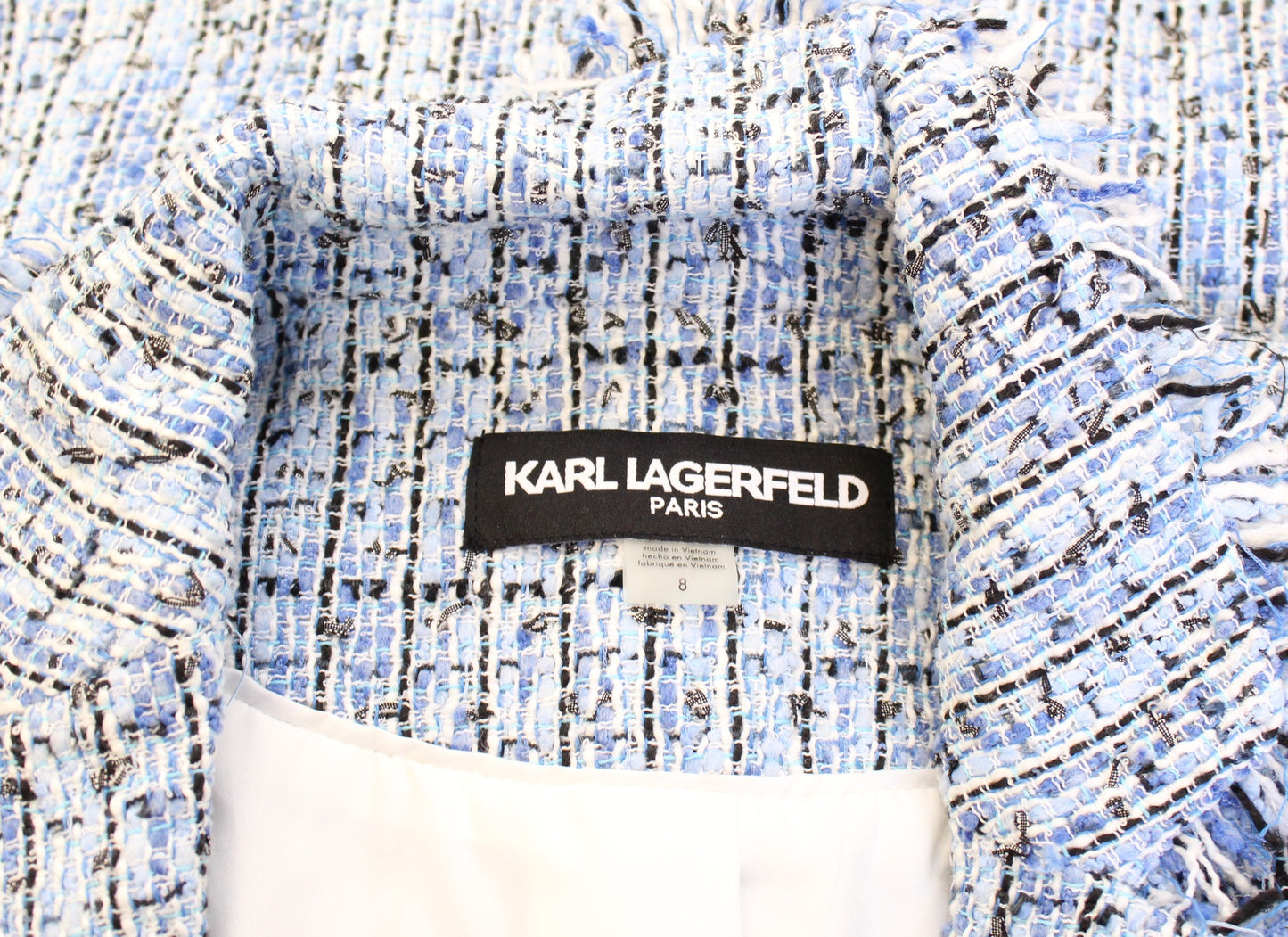 Karl Lagerfeld Blue Black White Tweed Fringe Blazer Suit Jacket Size 8 Career