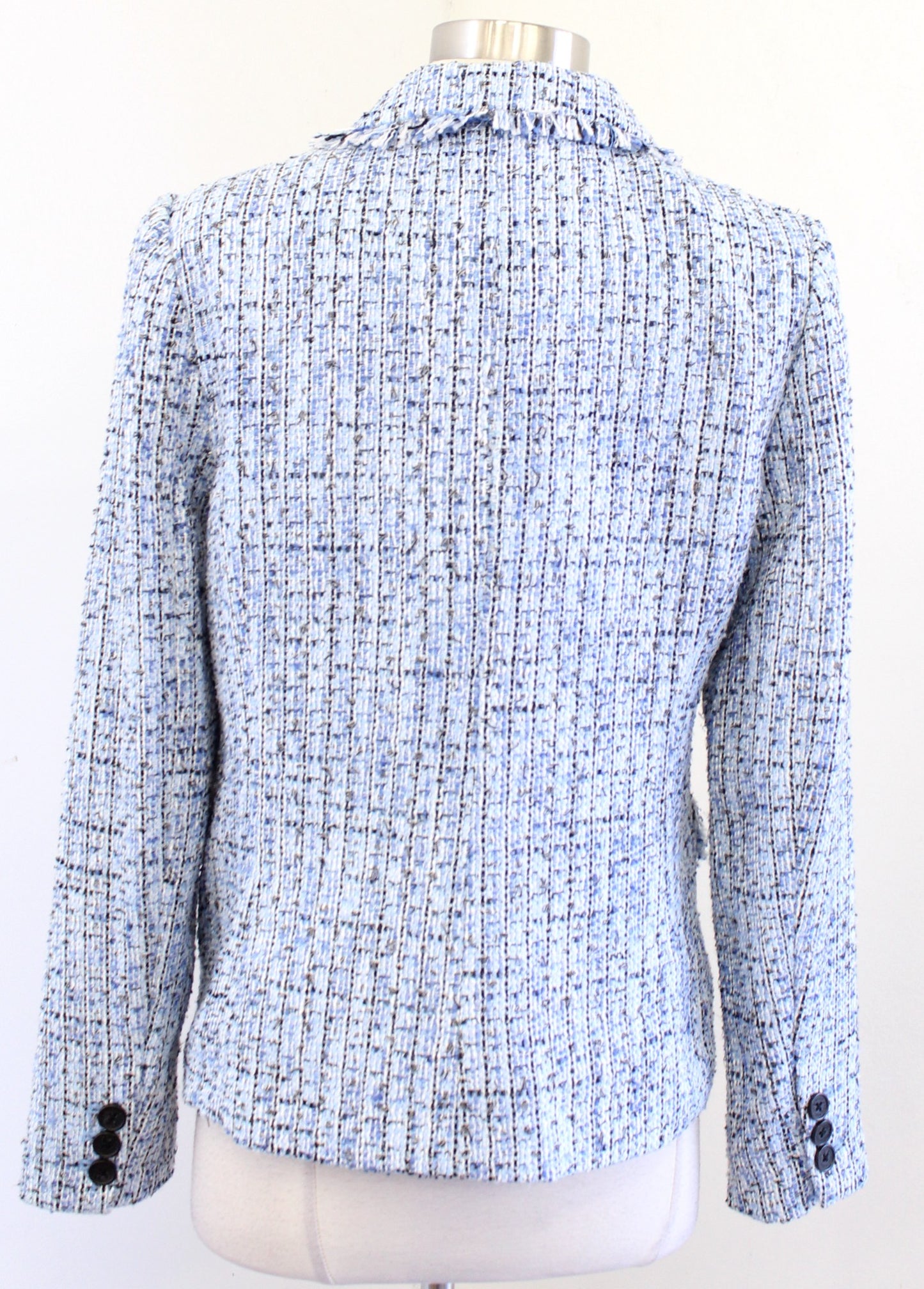 Karl Lagerfeld Blue Black White Tweed Fringe Blazer Suit Jacket Size 8 Career