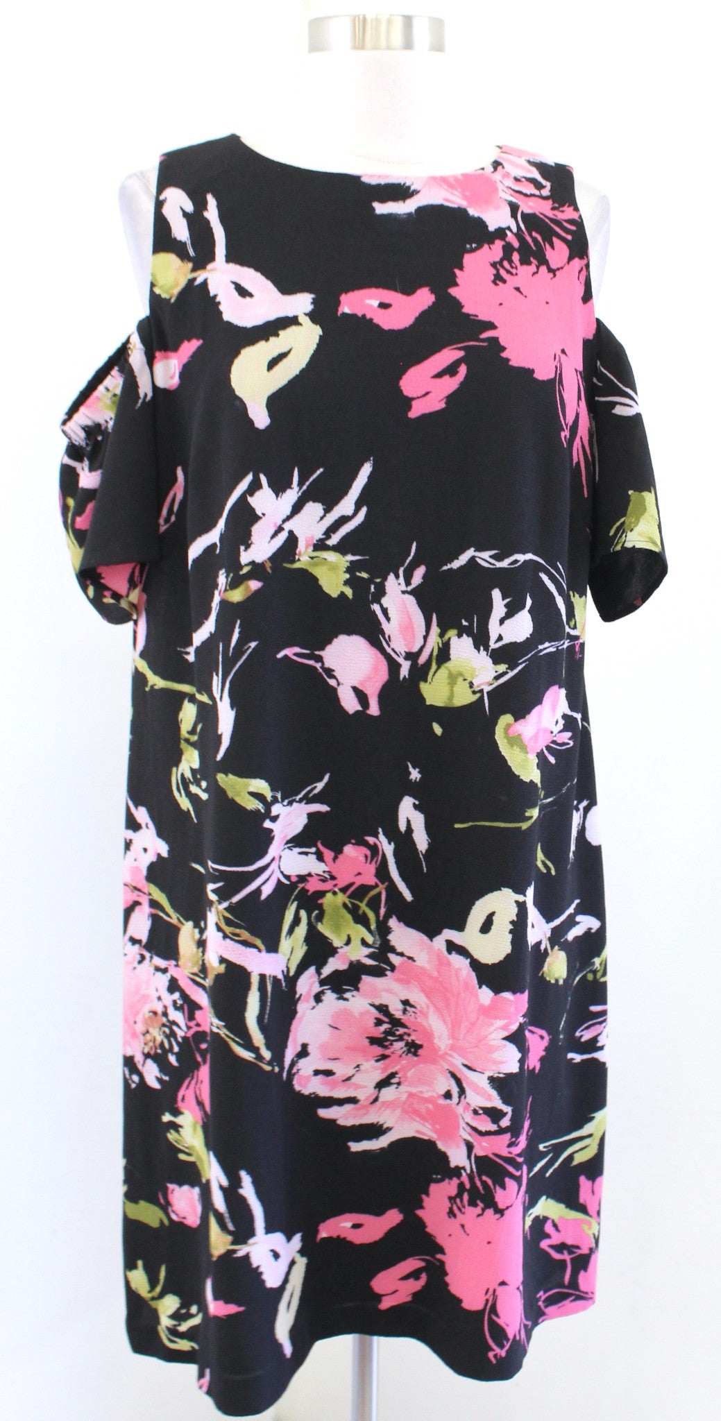 Tahari ASL Levine Black Floral Cold Shoulder Shift Dress sz 12 Pink Green Casual