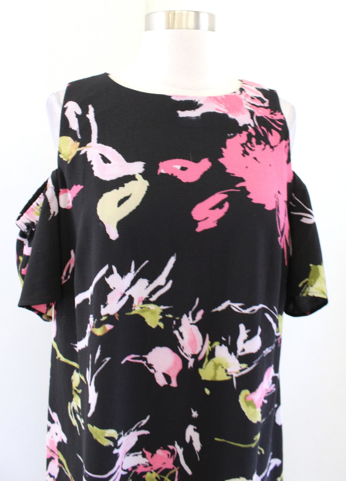 Tahari ASL Levine Black Floral Cold Shoulder Shift Dress sz 12 Pink Green Casual