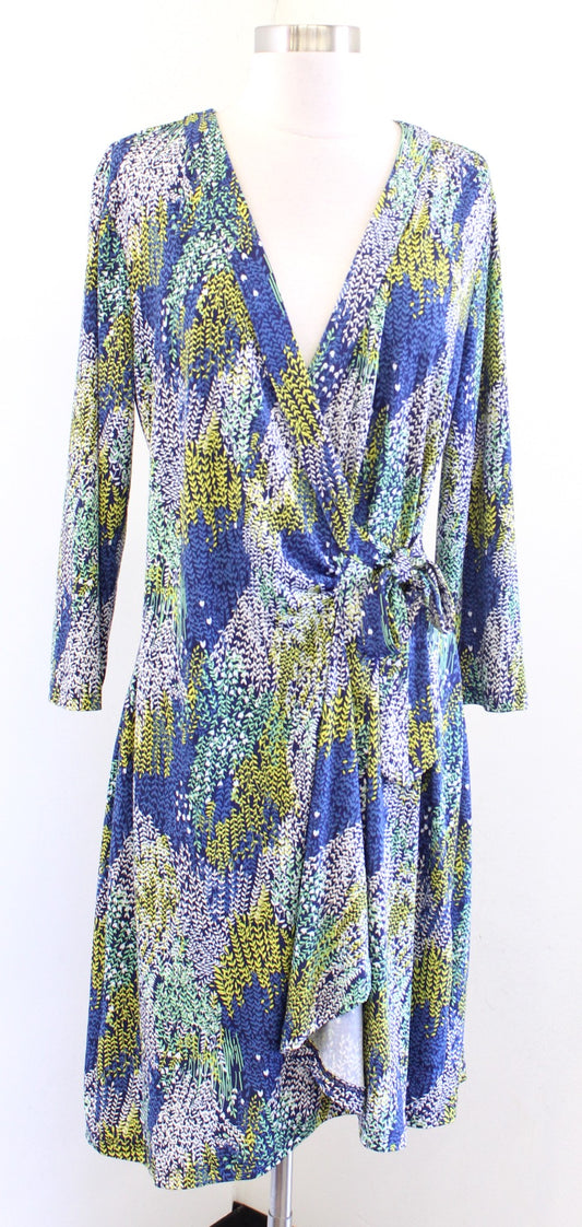 BCBG Max Azria Adele Vine Floral Jersey Wrap Dress Size L Blue Gree Yellow