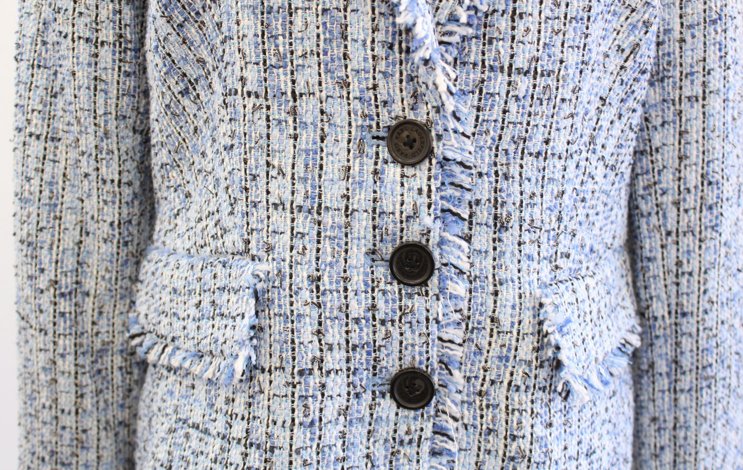 Karl Lagerfeld Blue Black White Tweed Fringe Blazer Suit Jacket Size 8 Career