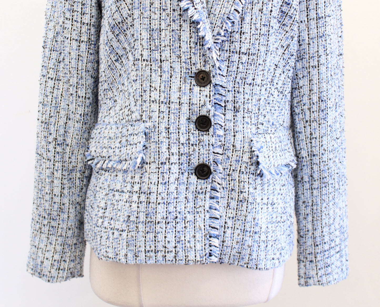 Karl Lagerfeld Blue Black White Tweed Fringe Blazer Suit Jacket Size 8 Career
