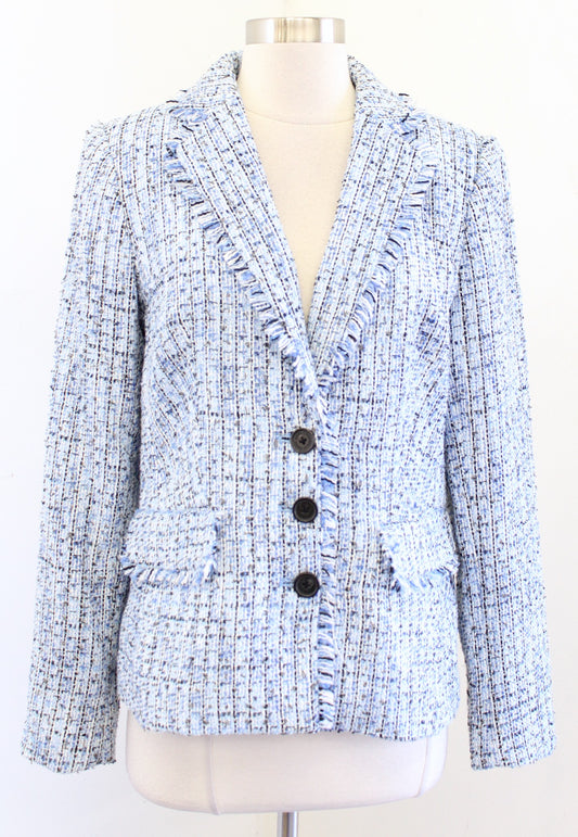 Karl Lagerfeld Blue Black White Tweed Fringe Blazer Suit Jacket Size 8 Career