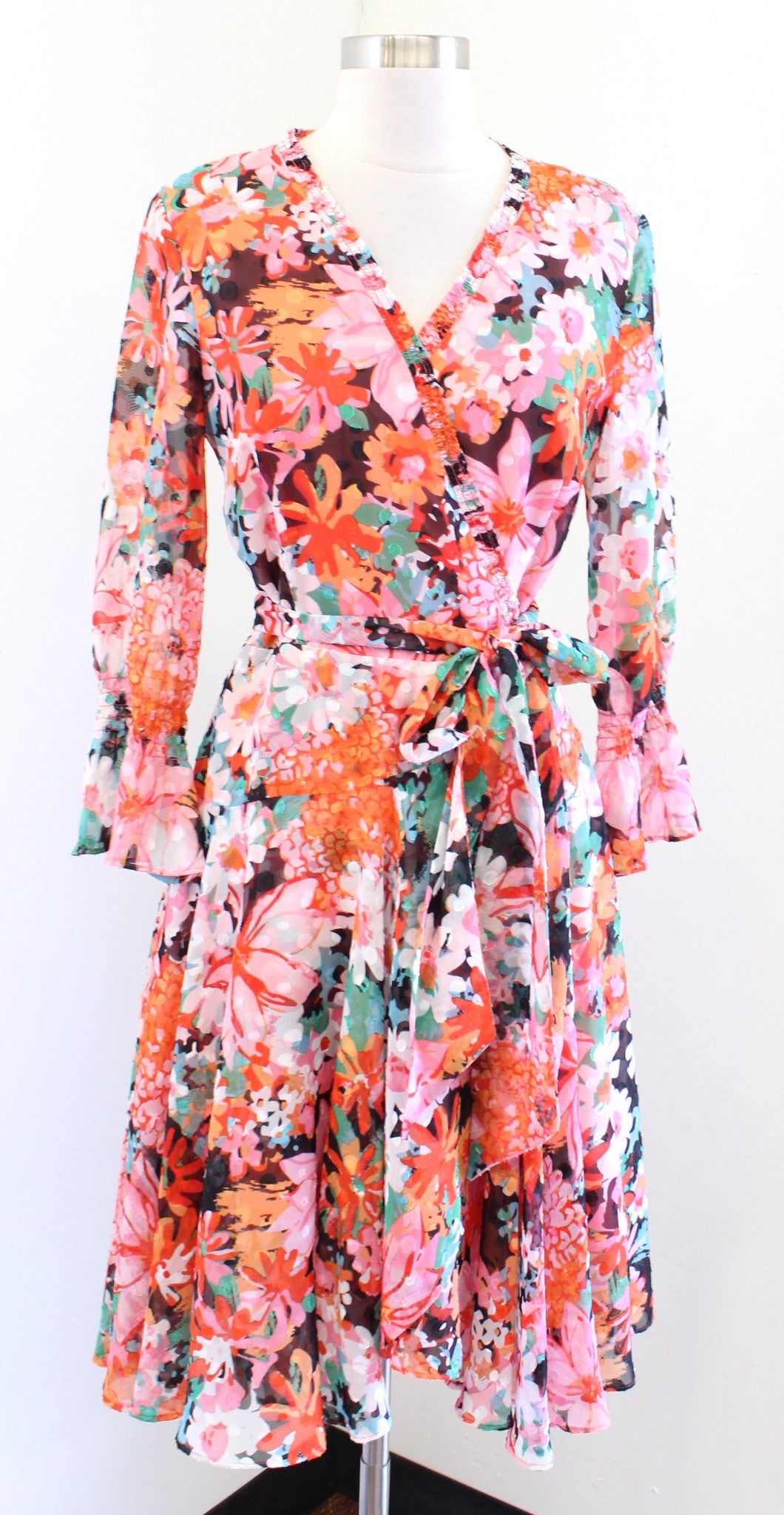 Tahari ASL Levine Colorful Floral Faux Wrap Ruffle Trim A Line Dress sz 4 Orange