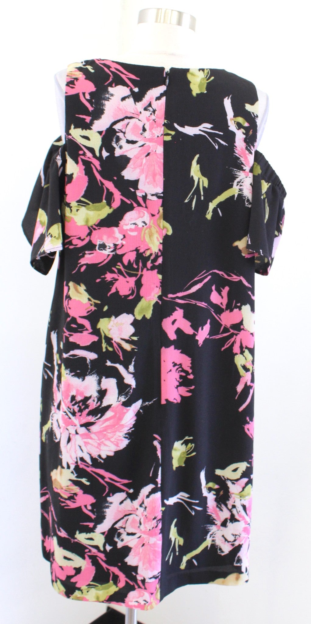 Tahari ASL Levine Black Floral Cold Shoulder Shift Dress sz 12 Pink Green Casual