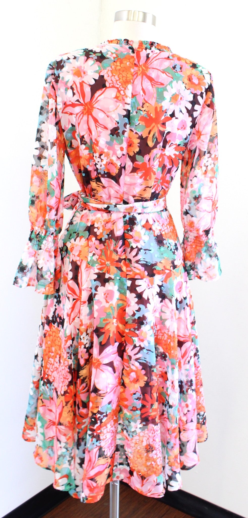 Tahari ASL Levine Colorful Floral Faux Wrap Ruffle Trim A Line Dress sz 4 Orange