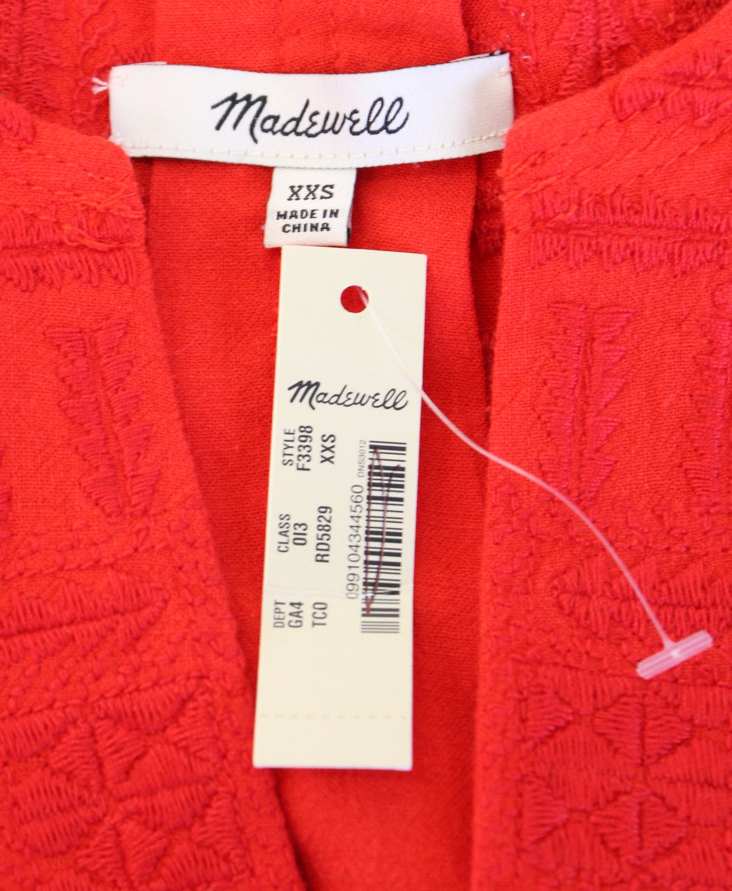 NWT Madewell Red - Orange Linen Tie Waist Embroidered Paradise Dress Sz XXS 2XS