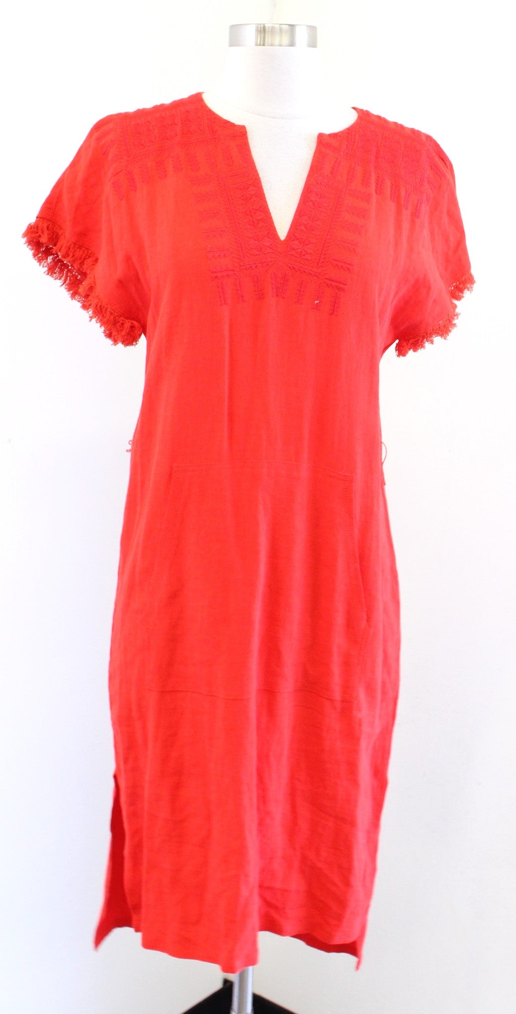 NWT Madewell Red - Orange Linen Tie Waist Embroidered Paradise Dress Sz XXS 2XS