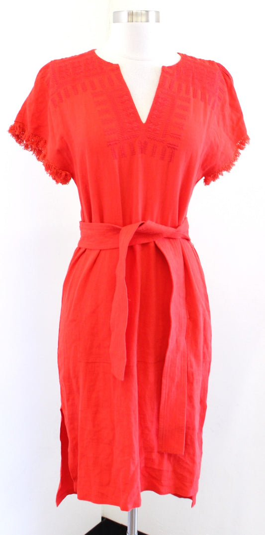 NWT Madewell Red - Orange Linen Tie Waist Embroidered Paradise Dress Sz XXS 2XS