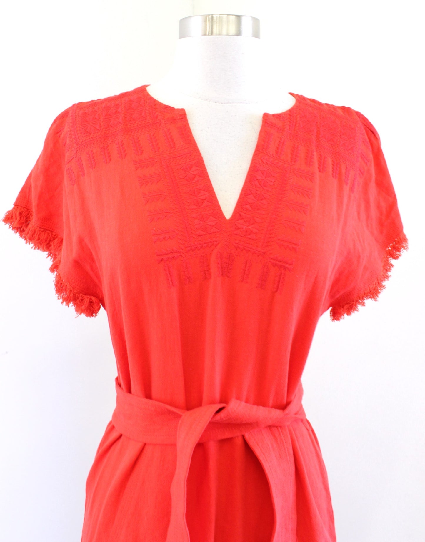 NWT Madewell Red - Orange Linen Tie Waist Embroidered Paradise Dress Sz XXS 2XS