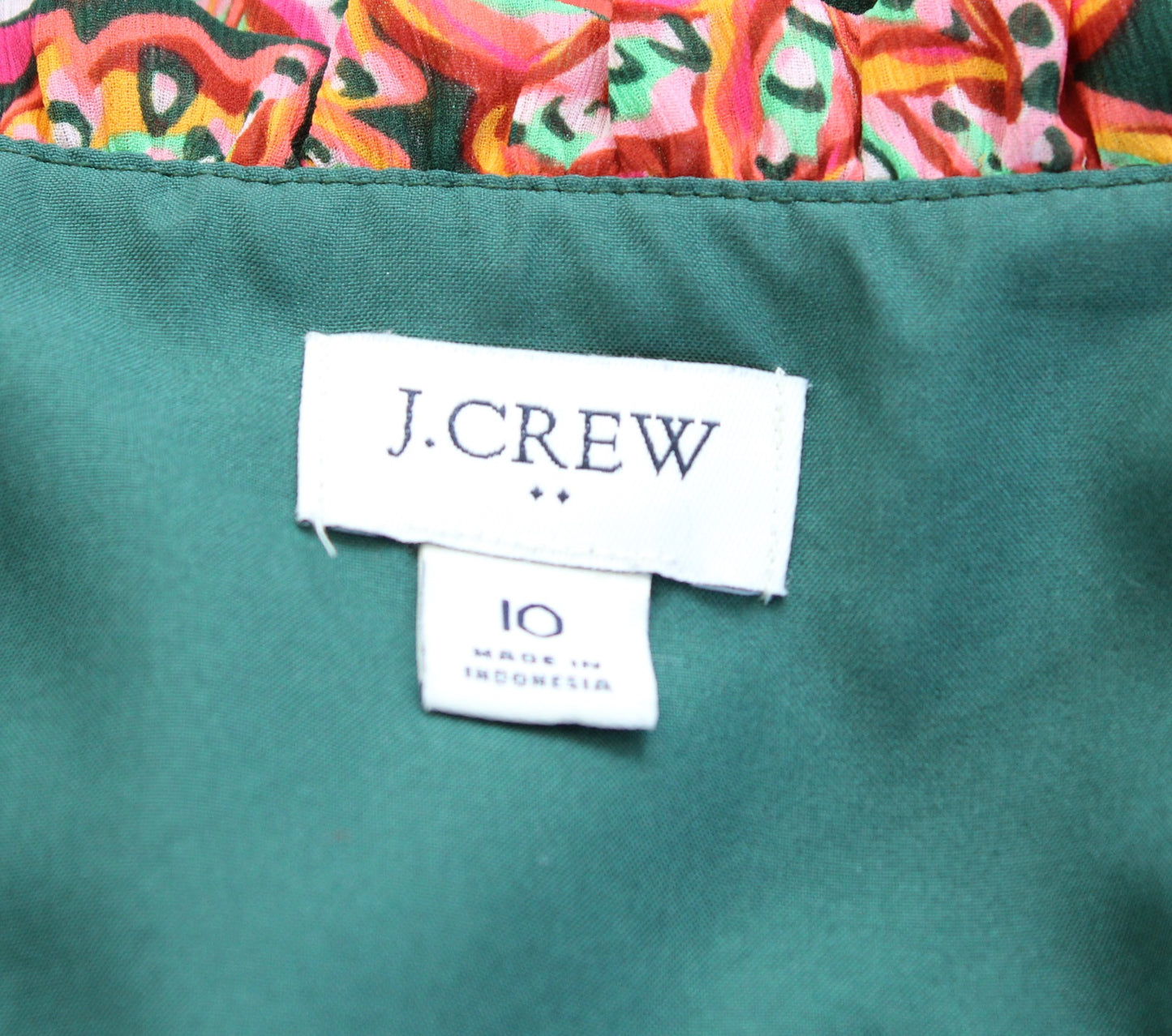 J Crew Colorful Tropical Floral Ruffle V Neck Casual Dress Size 10 Green Pink
