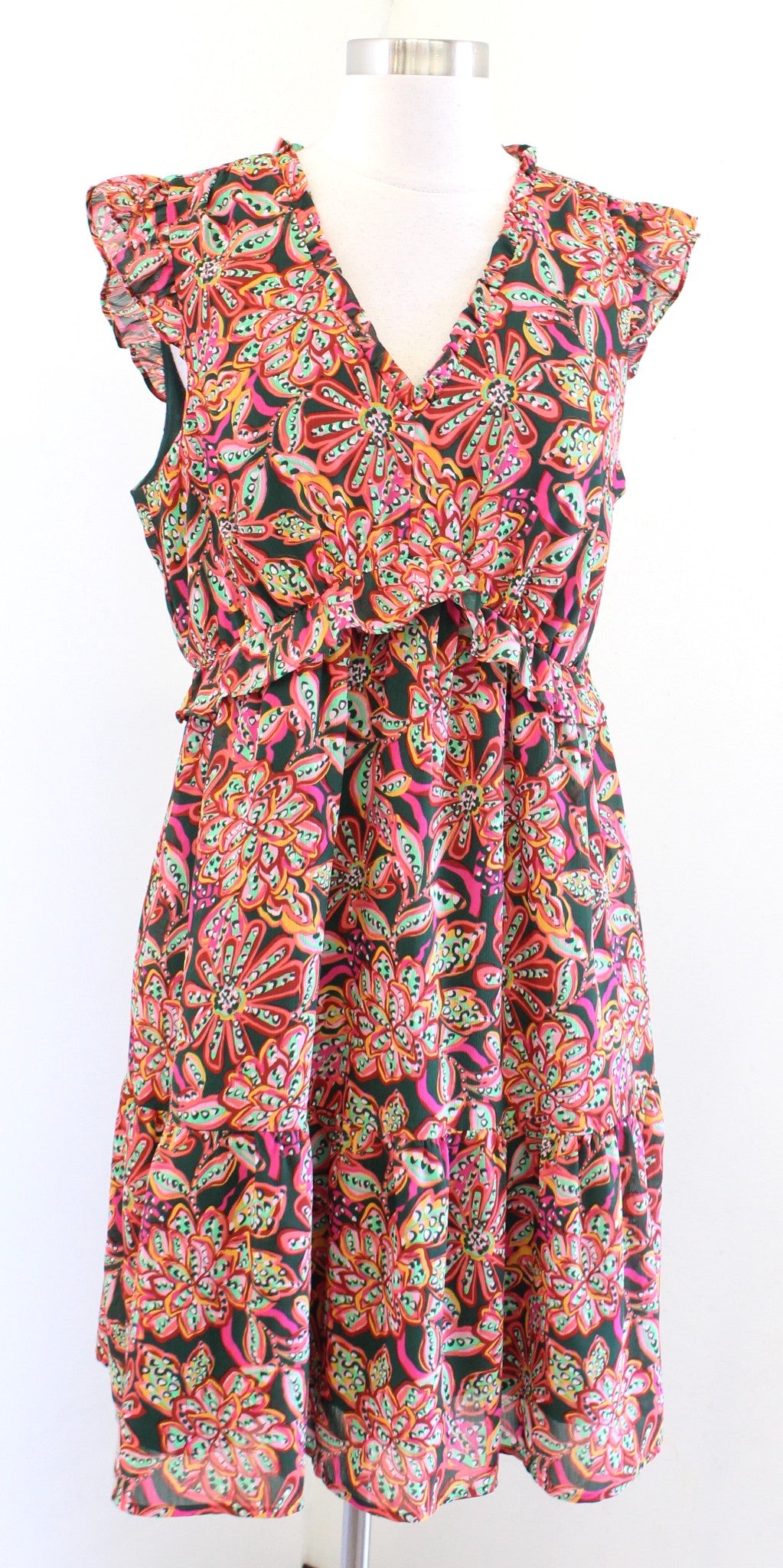 J Crew Colorful Tropical Floral Ruffle V Neck Casual Dress Size 10 Green Pink