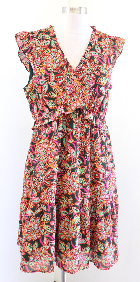 J Crew Colorful Tropical Floral Ruffle V Neck Casual Dress Size 10 Green Pink