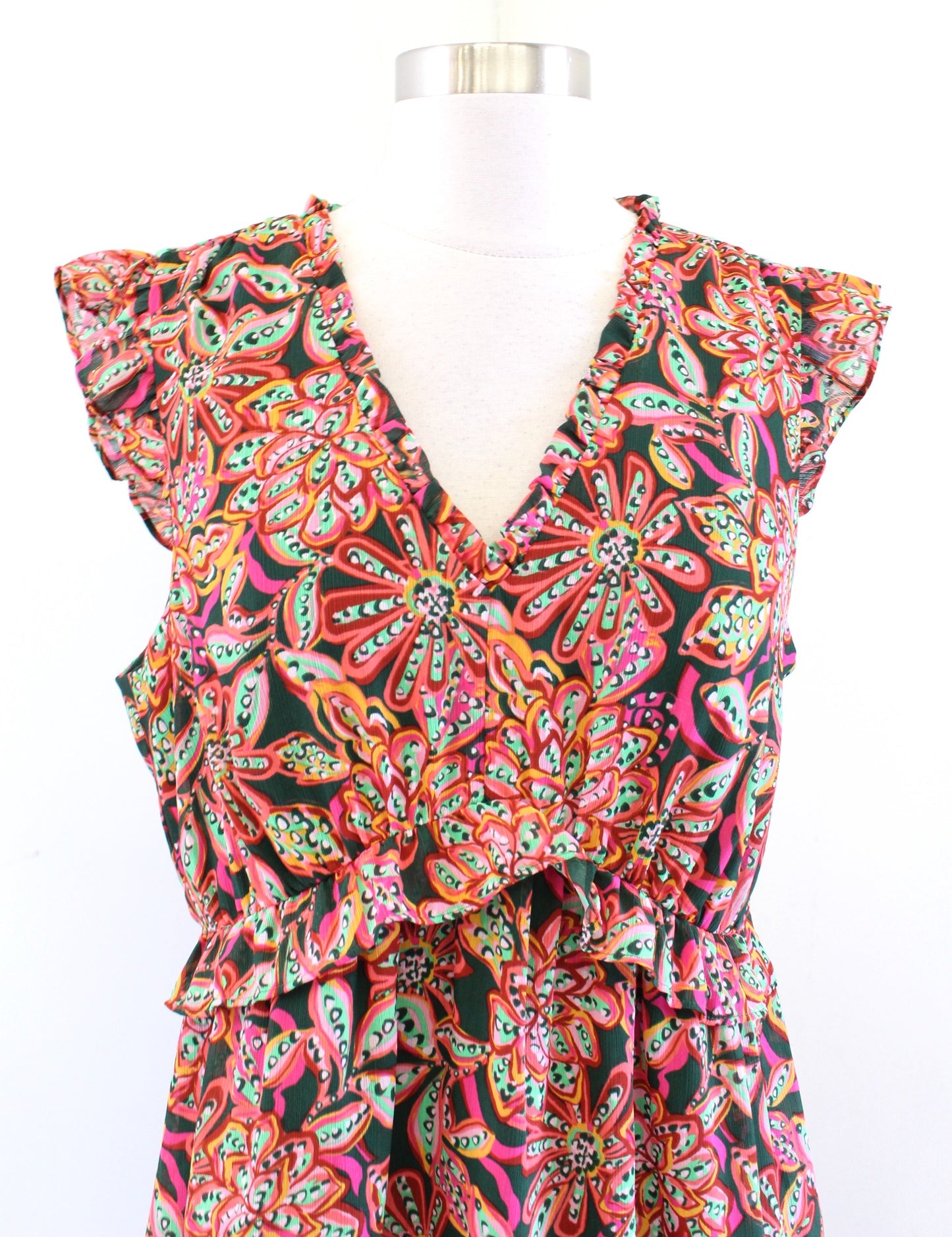 J Crew Colorful Tropical Floral Ruffle V Neck Casual Dress Size 10 Green Pink