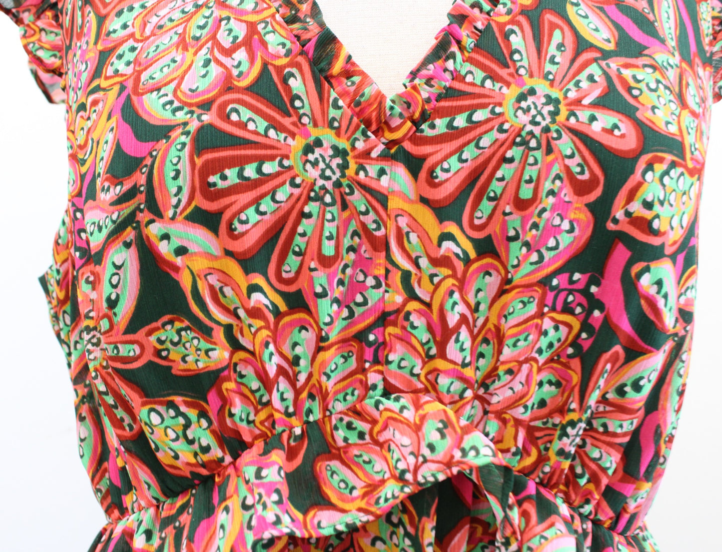 J Crew Colorful Tropical Floral Ruffle V Neck Casual Dress Size 10 Green Pink