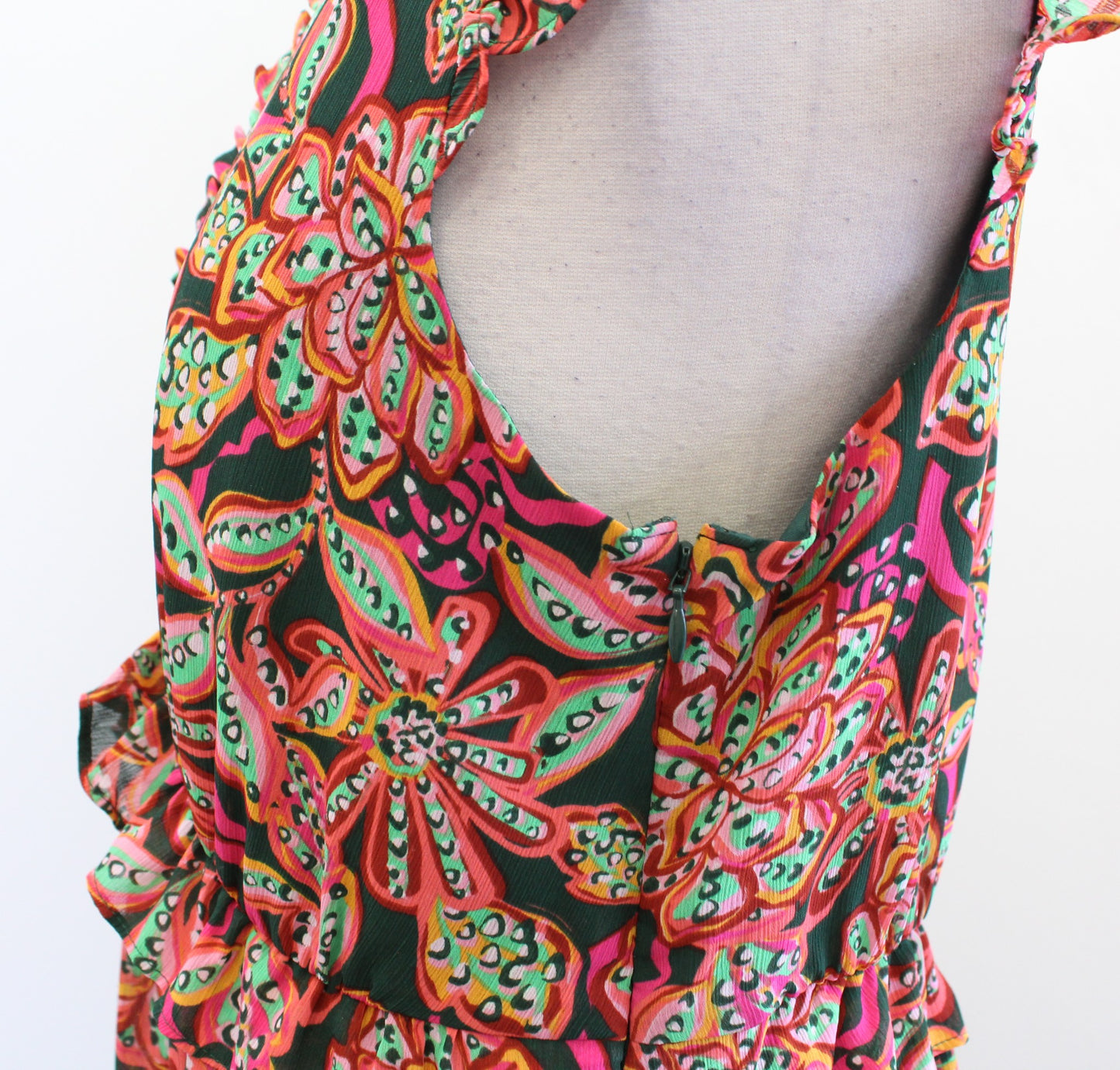 J Crew Colorful Tropical Floral Ruffle V Neck Casual Dress Size 10 Green Pink