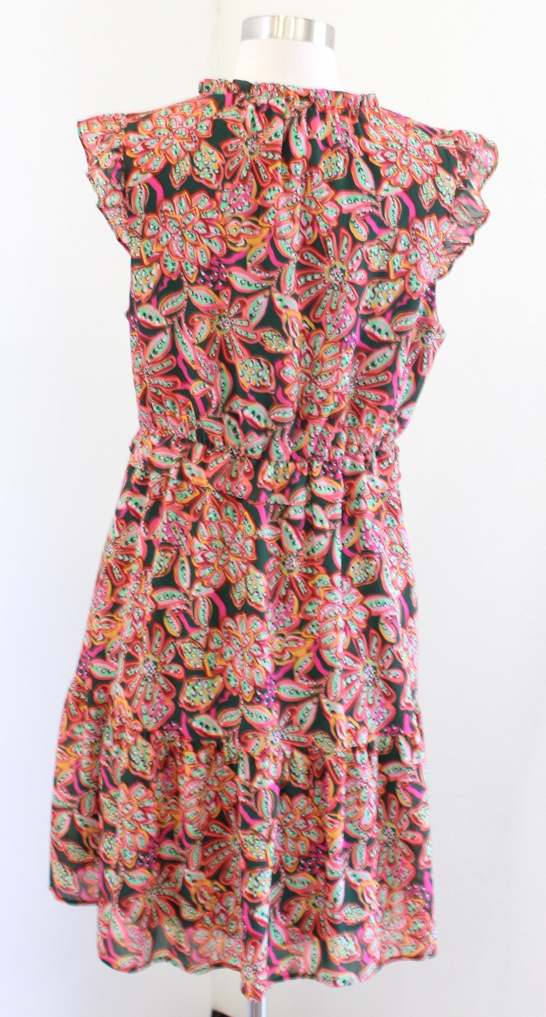 J Crew Colorful Tropical Floral Ruffle V Neck Casual Dress Size 10 Green Pink