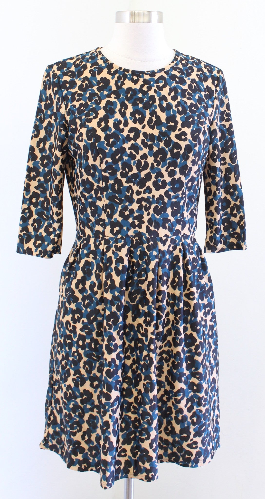 Jude Connally Tan Black Blue Leopard Print Fit and Flare Dress Size S Jude Cloth