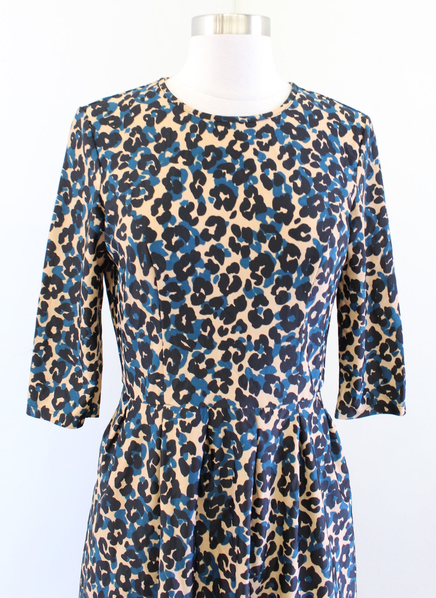 Jude Connally Tan Black Blue Leopard Print Fit and Flare Dress Size S Jude Cloth