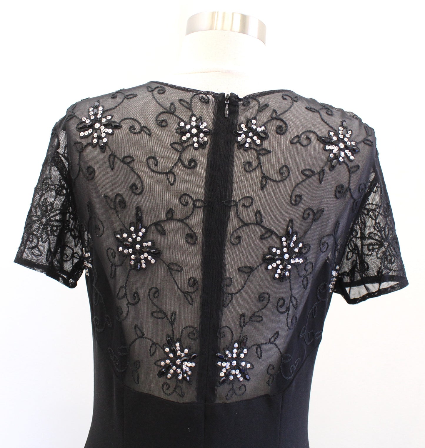 Vtg Victoria Royal Black Fluted Hem Mesh Open Back Embroidered Evening Dress 10