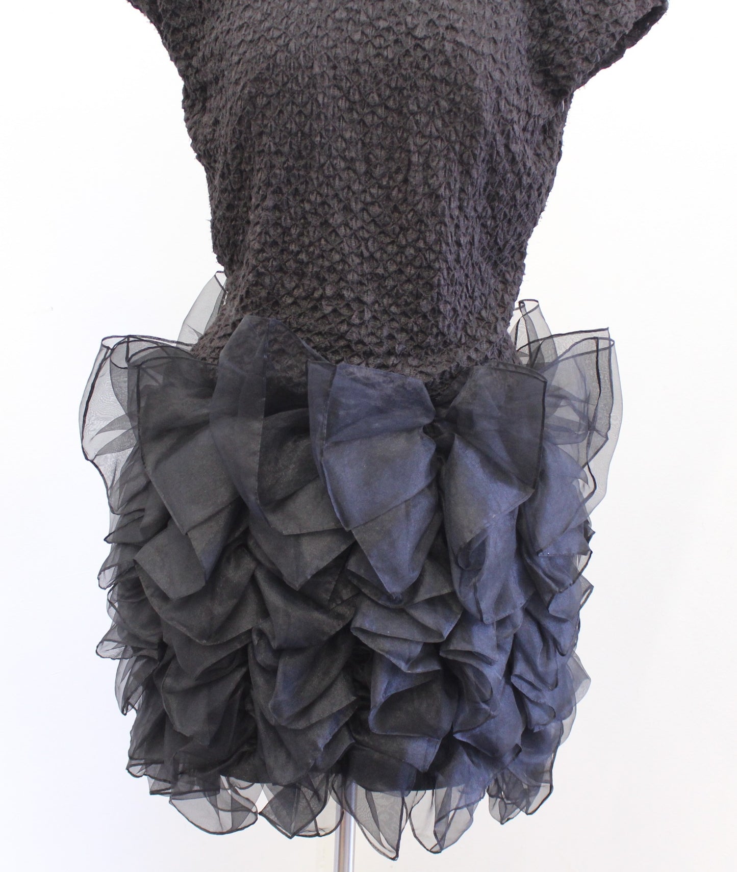 Vtg 70s Lillie Rubin Black Textured Rulle Dramatic Ruffle Cocktail Party Dress 8
