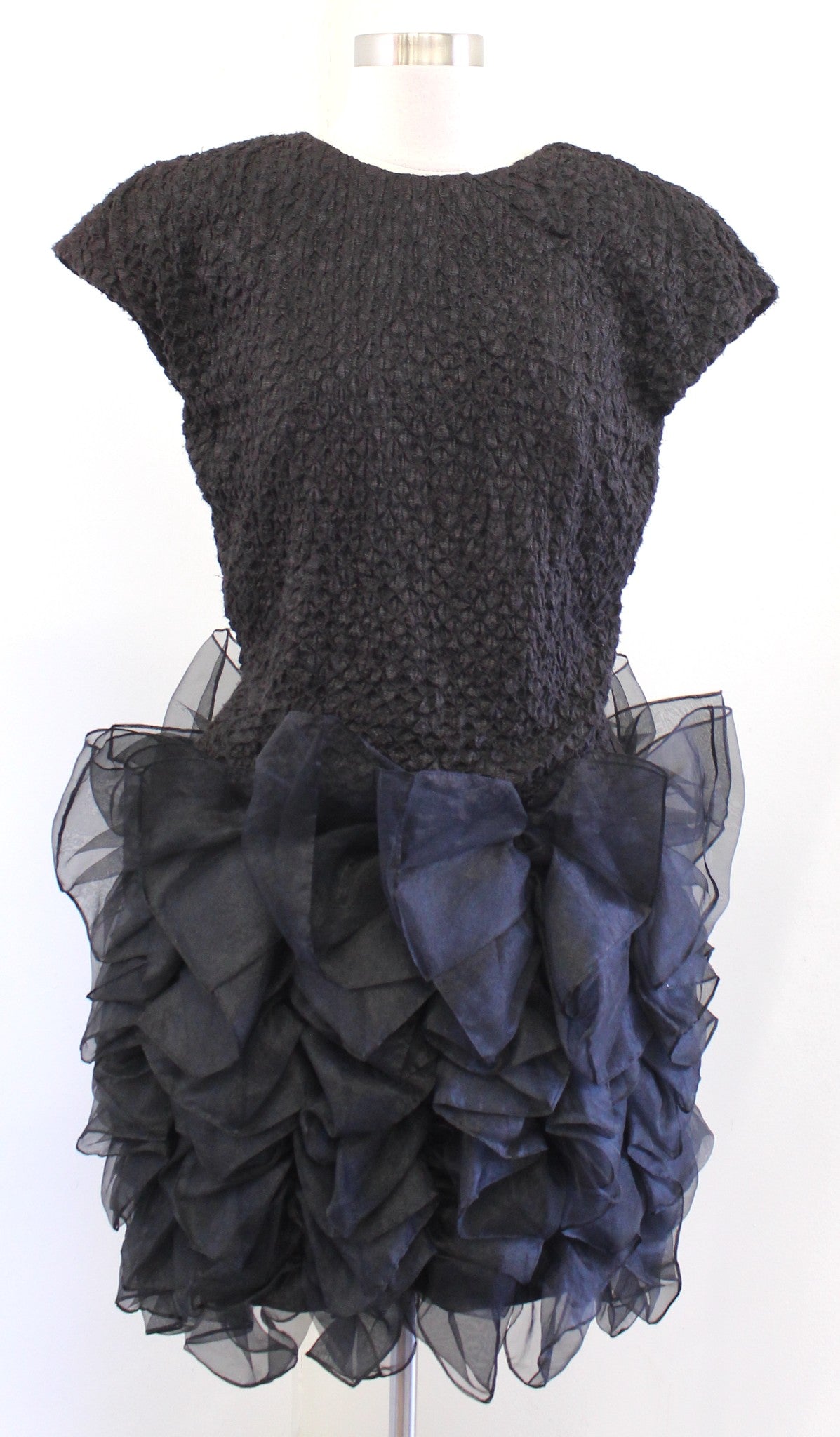 Vtg 70s Lillie Rubin Black Textured Rulle Dramatic Ruffle Cocktail Party Dress 8