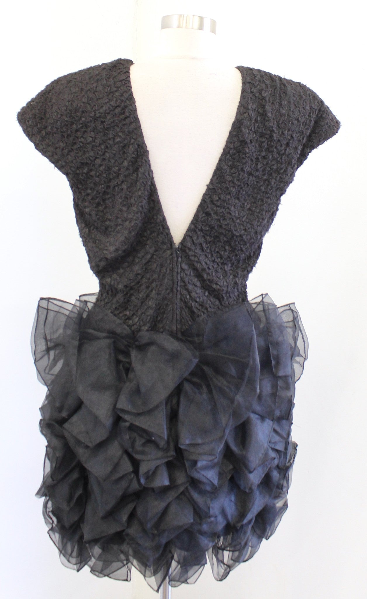 Vtg 70s Lillie Rubin Black Textured Rulle Dramatic Ruffle Cocktail Party Dress 8