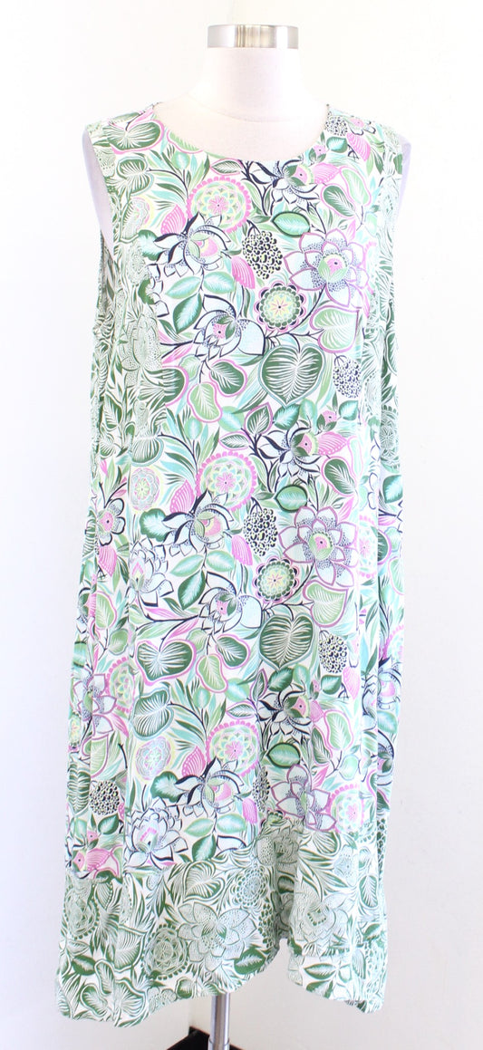 J Jill Green Tropical Leaf Floral Print Sleeveless Rayon Dress Size L Pink