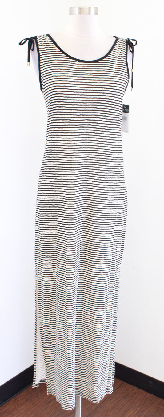 NWT Lauren Ralph Lauren Black Cream Striped Linen Knit Maxi Dress Tie Sleeve S