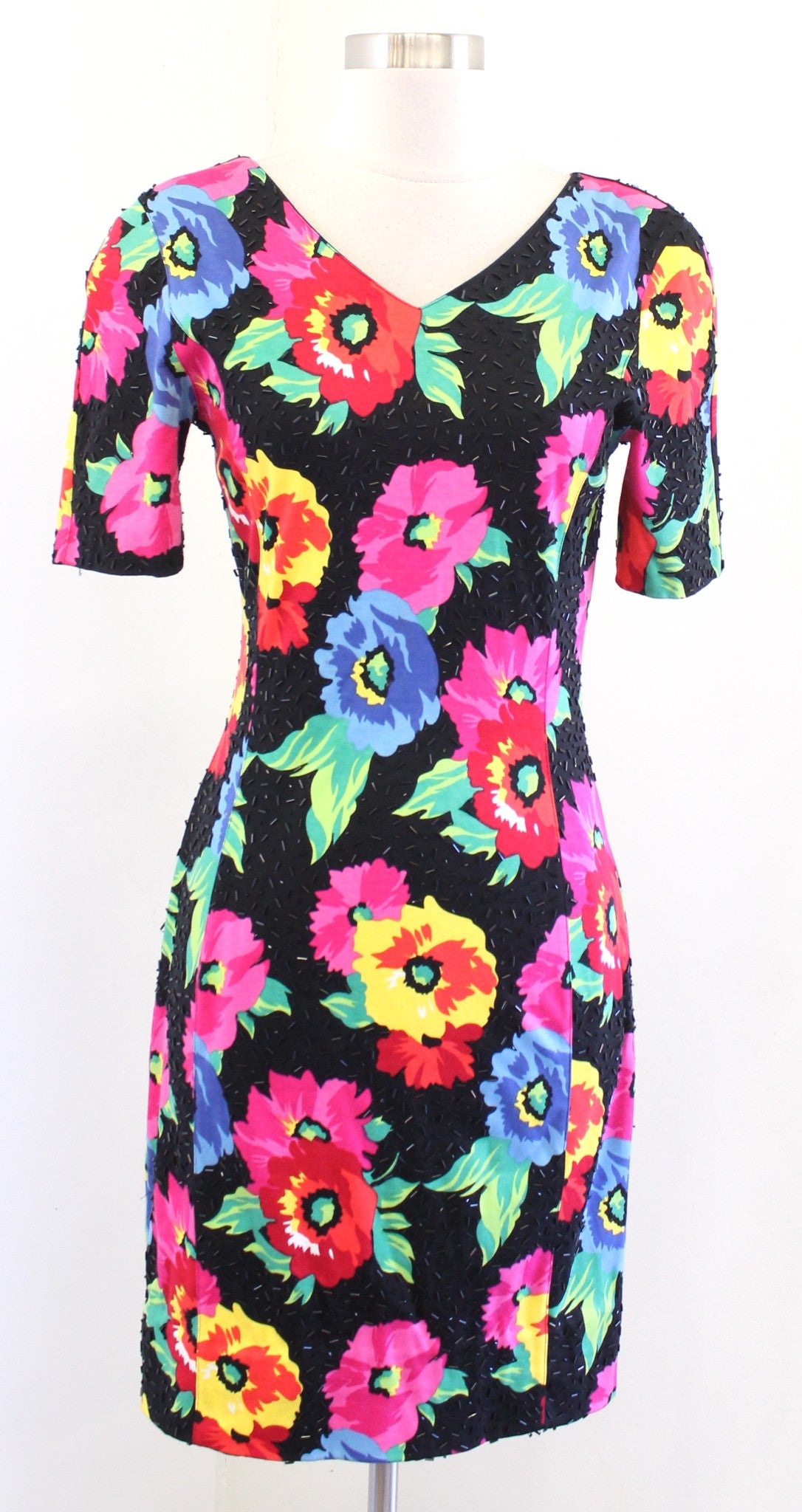 Vtg 90s Black Colorful Floral Print Sequin Embellished Dress Size 6 Cocktail
