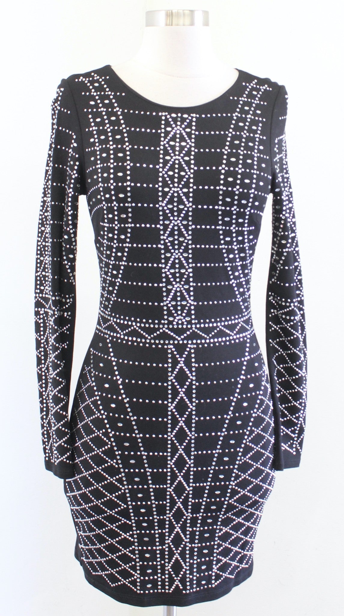 Bebe Black Rhinestone Beaded Embellished Mini Bodycon Dress Size S Long Sleeve