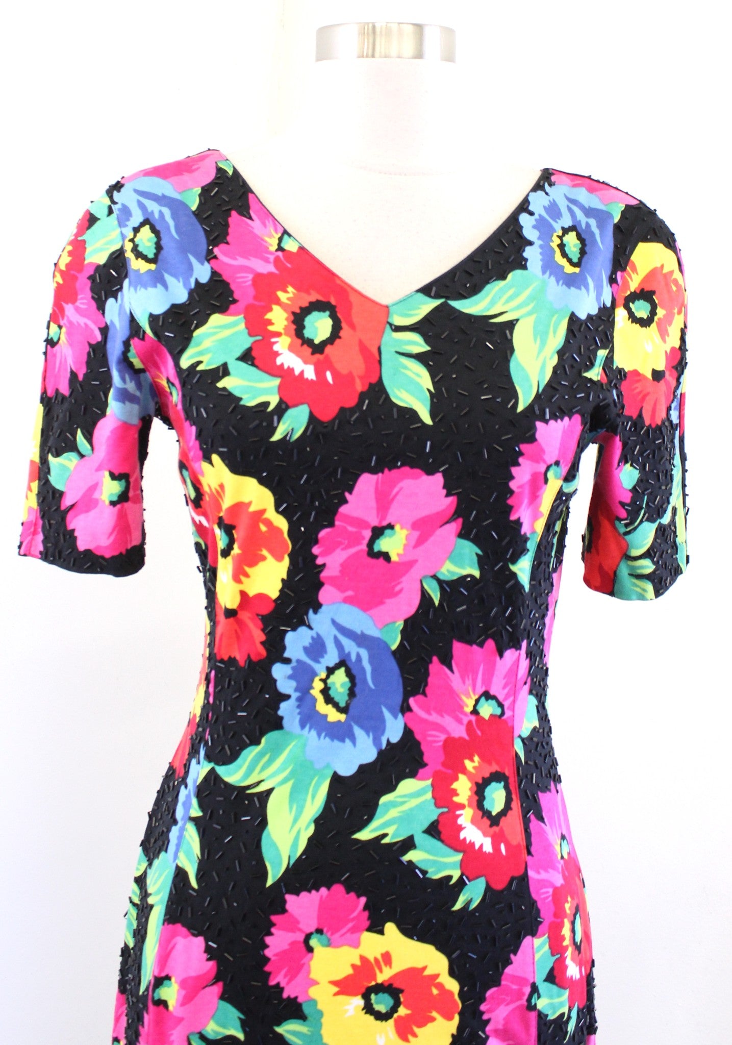 Vtg 90s Black Colorful Floral Print Sequin Embellished Dress Size 6 Cocktail