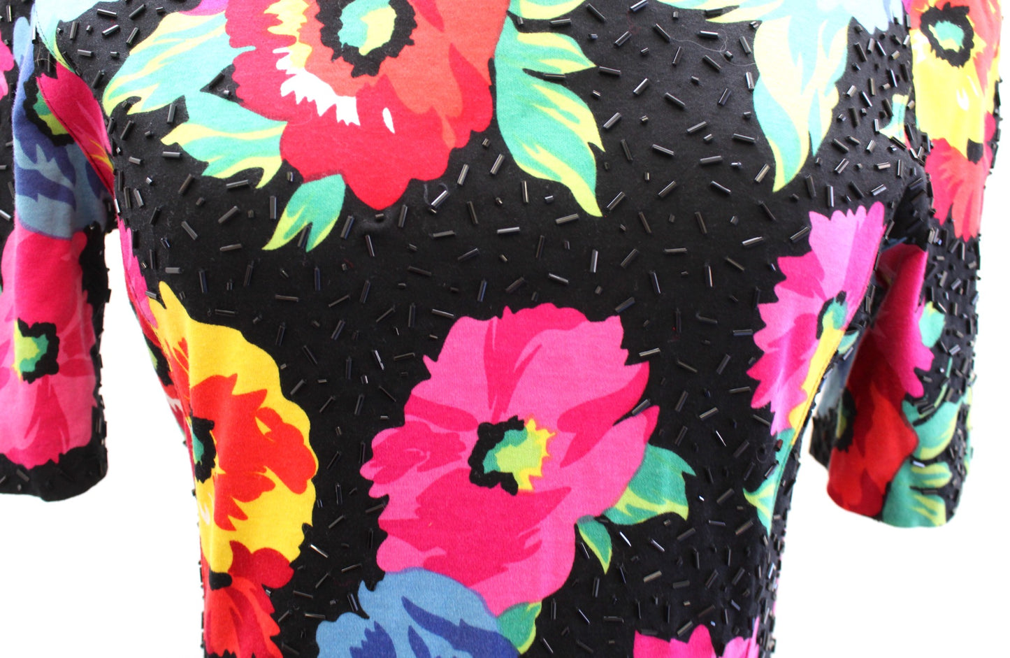 Vtg 90s Black Colorful Floral Print Sequin Embellished Dress Size 6 Cocktail