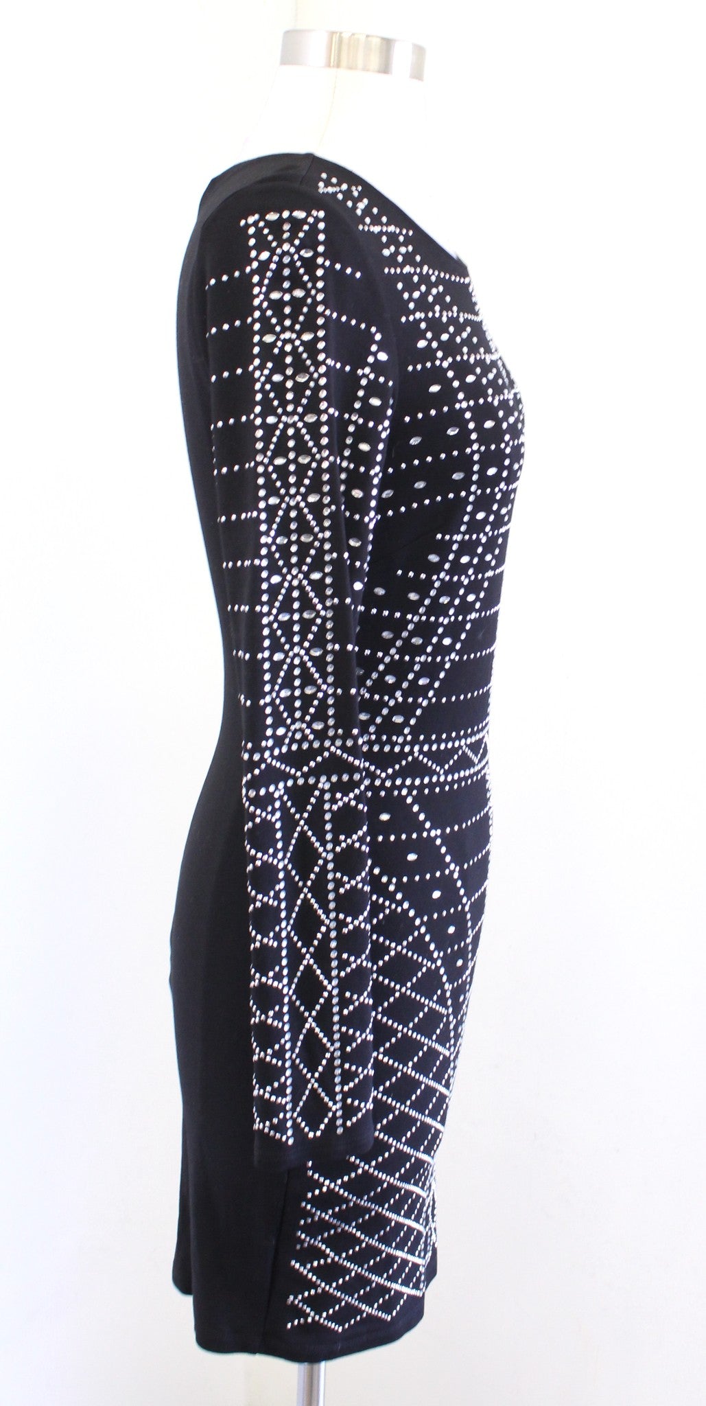 Bebe Black Rhinestone Beaded Embellished Mini Bodycon Dress Size S Long Sleeve