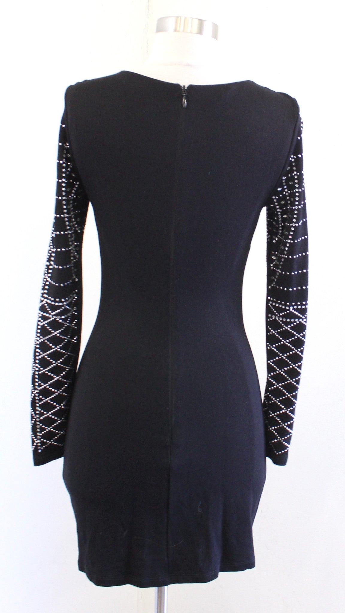 Bebe Black Rhinestone Beaded Embellished Mini Bodycon Dress Size S Long Sleeve