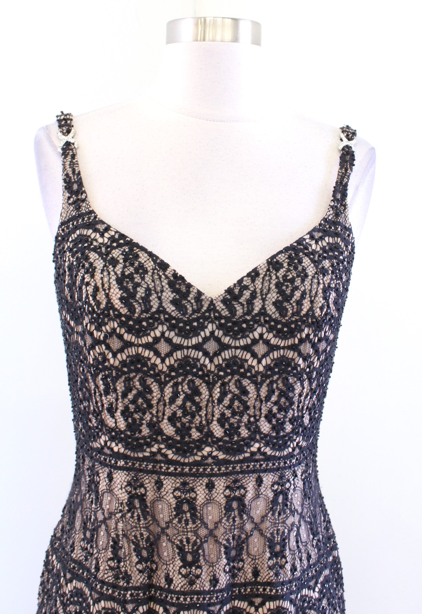 Vtg 90s Cache Black Tan Lace Illusion Sequin Mini Dress Cocktail Party Size 6