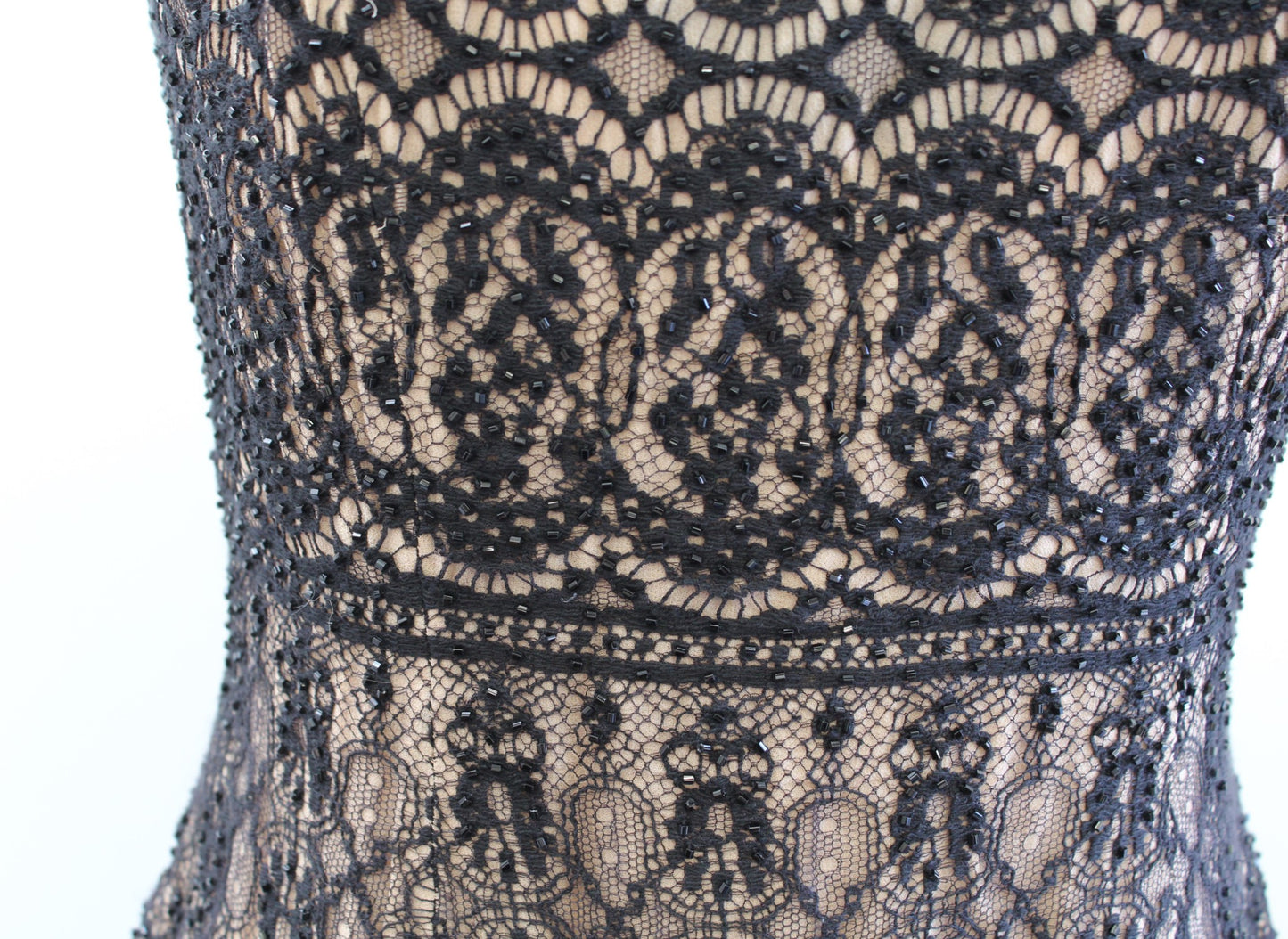 Vtg 90s Cache Black Tan Lace Illusion Sequin Mini Dress Cocktail Party Size 6