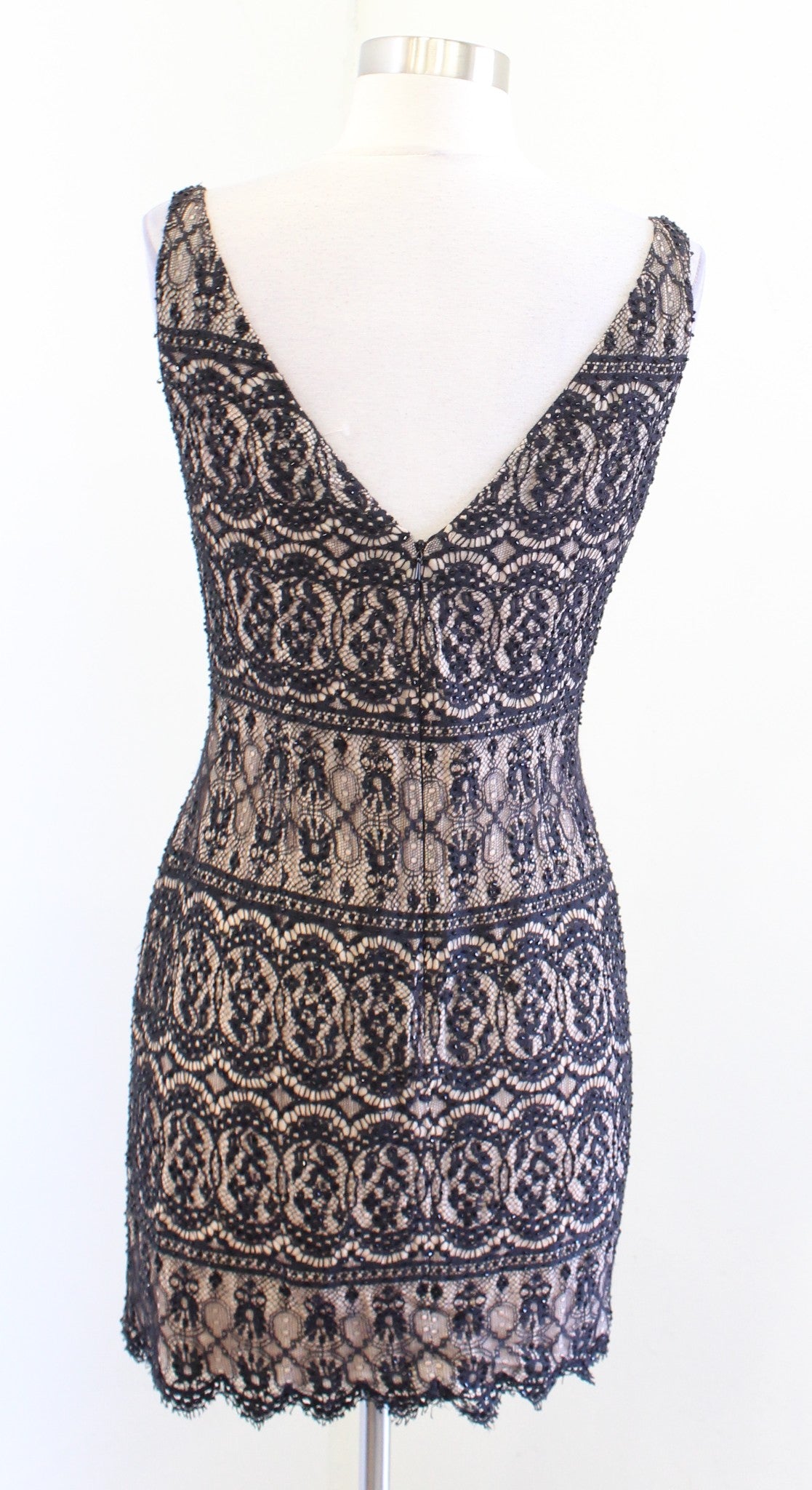 Vtg 90s Cache Black Tan Lace Illusion Sequin Mini Dress Cocktail Party Size 6