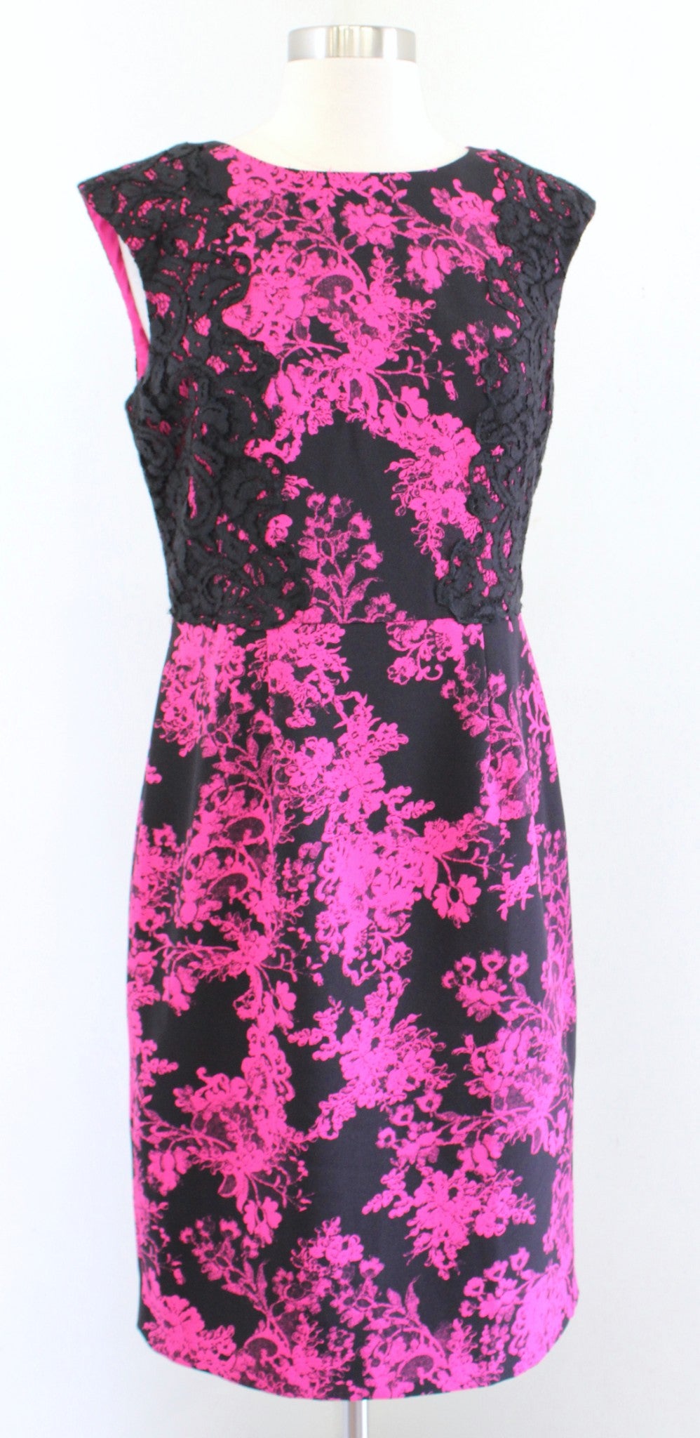 Adrianna Papell Black Pink Floral Lace Trim Sheath Dress Size 4 Cocktail Party