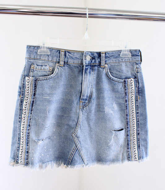 Free People Side Stripe Embellished Beaded Denim Jean Mini Skirt Distressed Sz 2