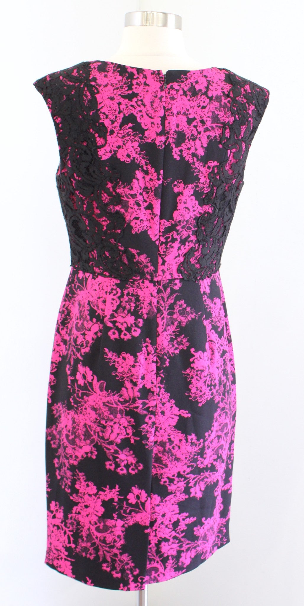 Adrianna Papell Black Pink Floral Lace Trim Sheath Dress Size 4 Cocktail Party