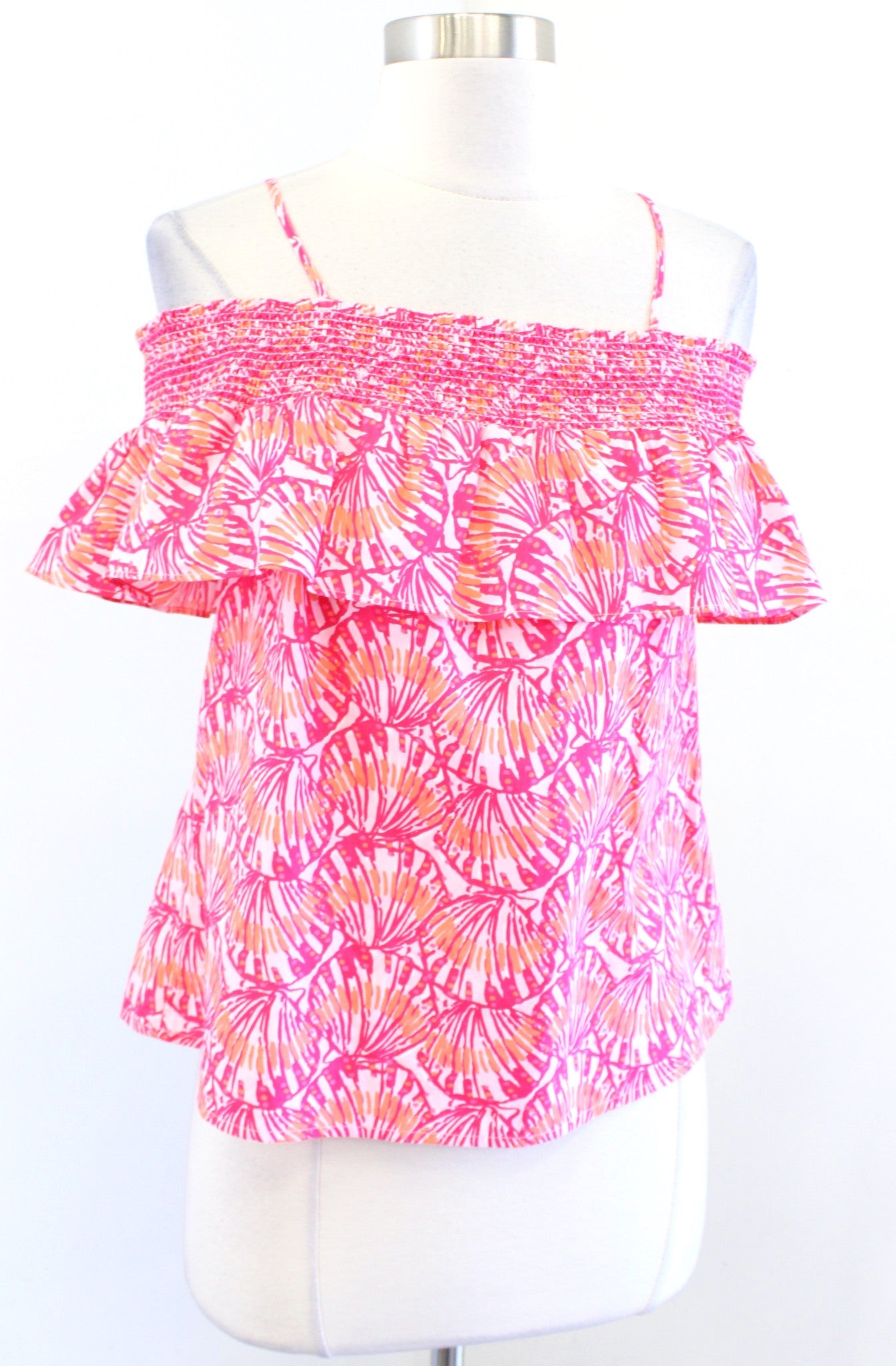 Vineyard Vines Pink Orange Seashell Print Off the Shoulder Top Blouse Size XS