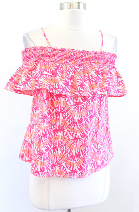 Vineyard Vines Pink Orange Seashell Print Off the Shoulder Top Blouse Size XS